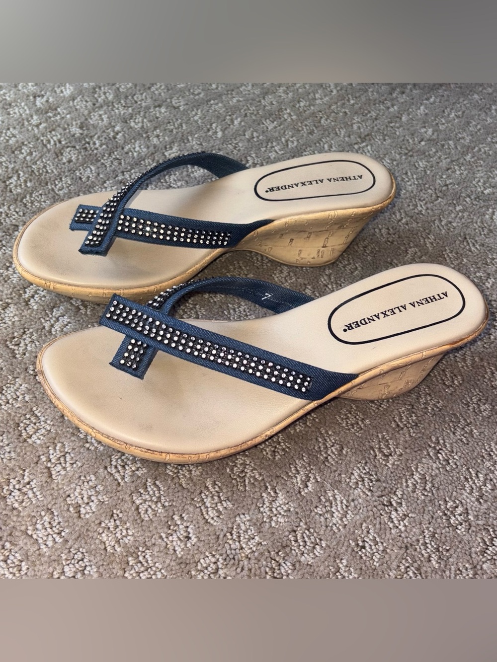 Athena Alexander navy blue wedge sandals with rhinestone embellishments